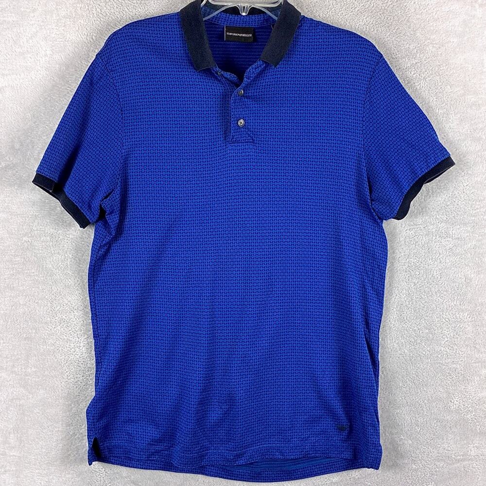 Emporio Armani Polo Shirt Mens M Blue Geometric Stretch Preppy Luxury Golf Y2K